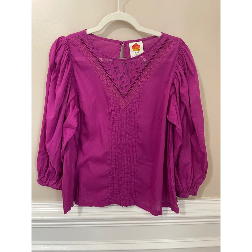 Farm Rio for Anthropologie Kelsie Blouse Magenta Lace Pintuck Size S